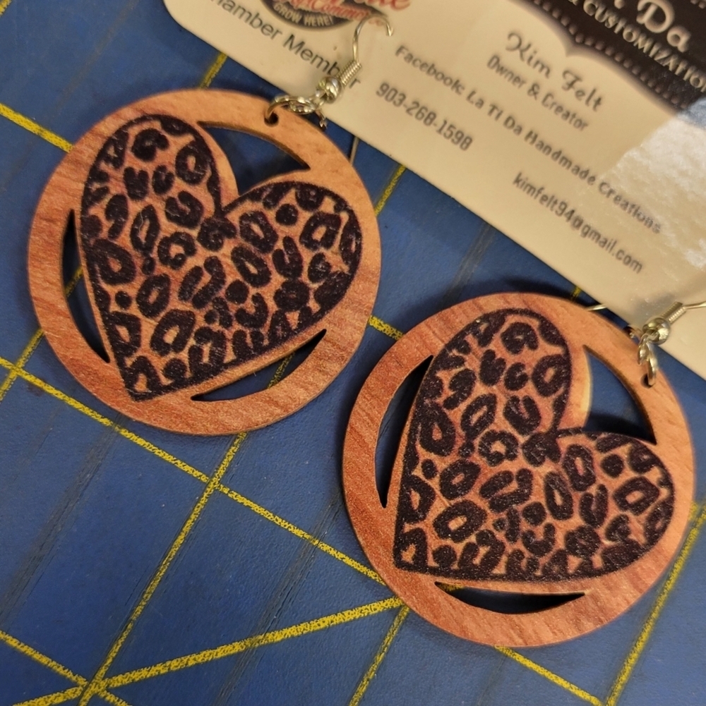 Leopard Heart Wood 1.5" Earrings